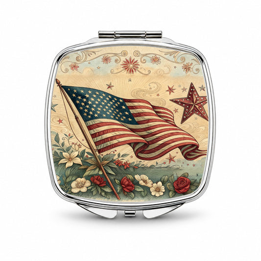 Vintage USA Flag Stars Patriotic Small Travel Purse Handbag Pocket Makeup Compact Mirror