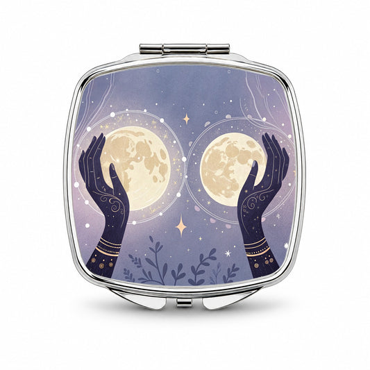 Witchy Celestial Moon Hands Small Travel Purse Handbag Pocket Makeup Compact Mirror