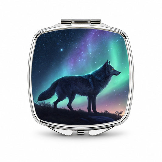 Wolf Beneath Aurora Borealis Small Travel Purse Handbag Pocket Makeup Compact Mirror