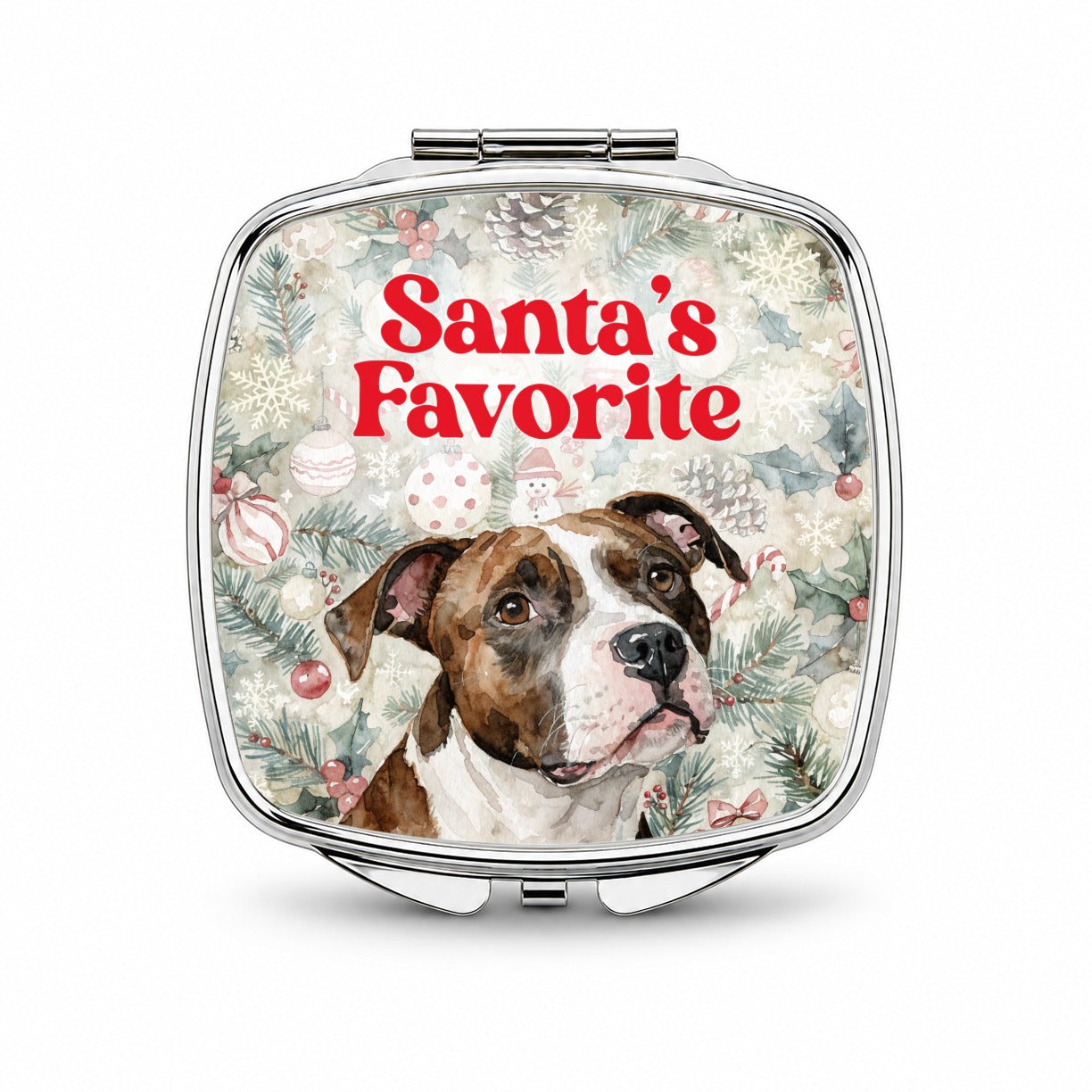 American Pit Bull Terrier Dog Christmas Santa's Favorite Small Travel Purse Handbag Pocket Makeup Compact Mirror