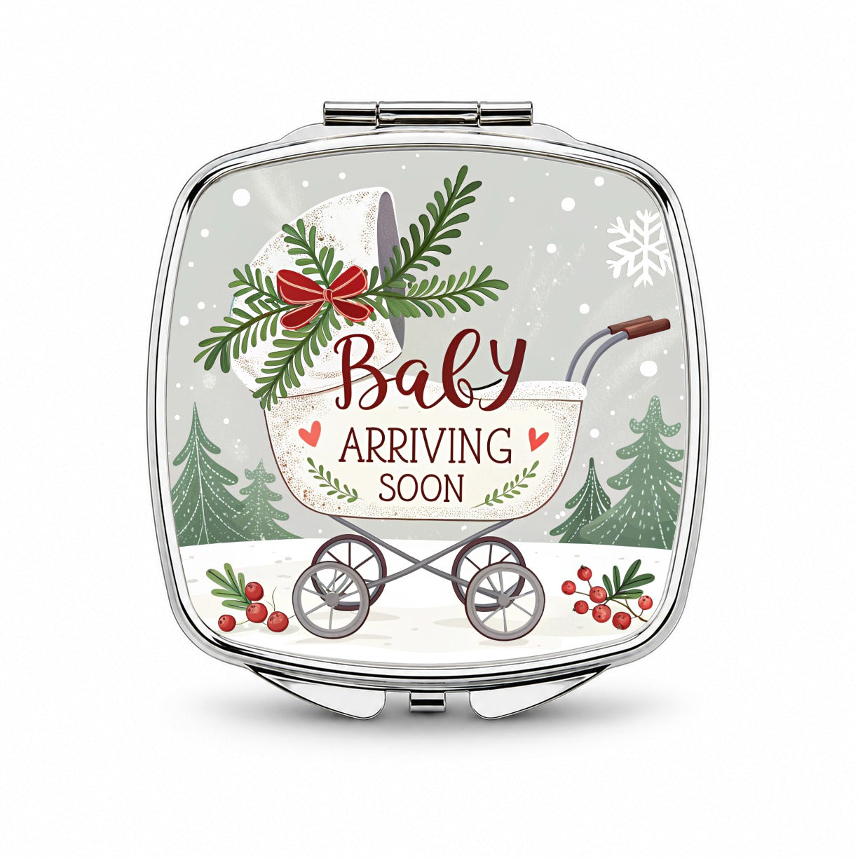 Baby Arriving Soon Christmas Stroller Small Travel Purse Handbag Pocket Makeup Compact Mirror