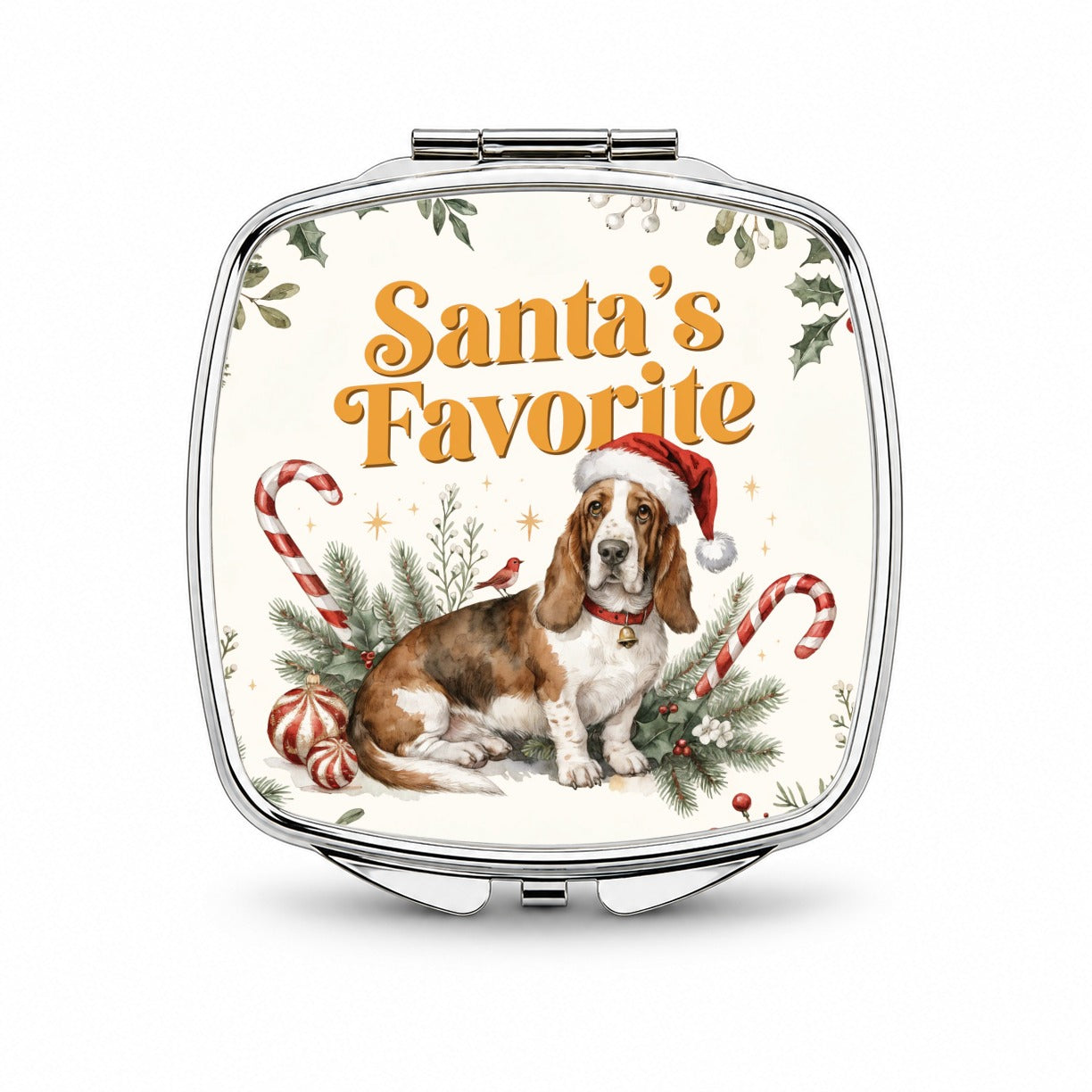 Basset Hound Dog Christmas Santa's Favorite Small Travel Purse Handbag Pocket Makeup Compact Mirror