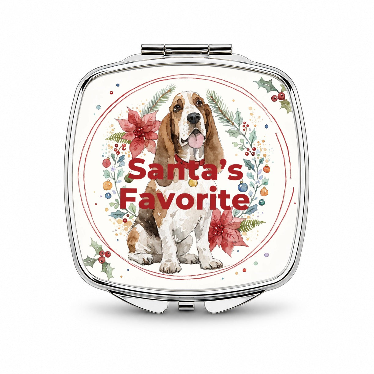 Basset Hound Dog Sitting Christmas Santa's Favorite Small Travel Purse Handbag Pocket Makeup Compact Mirror