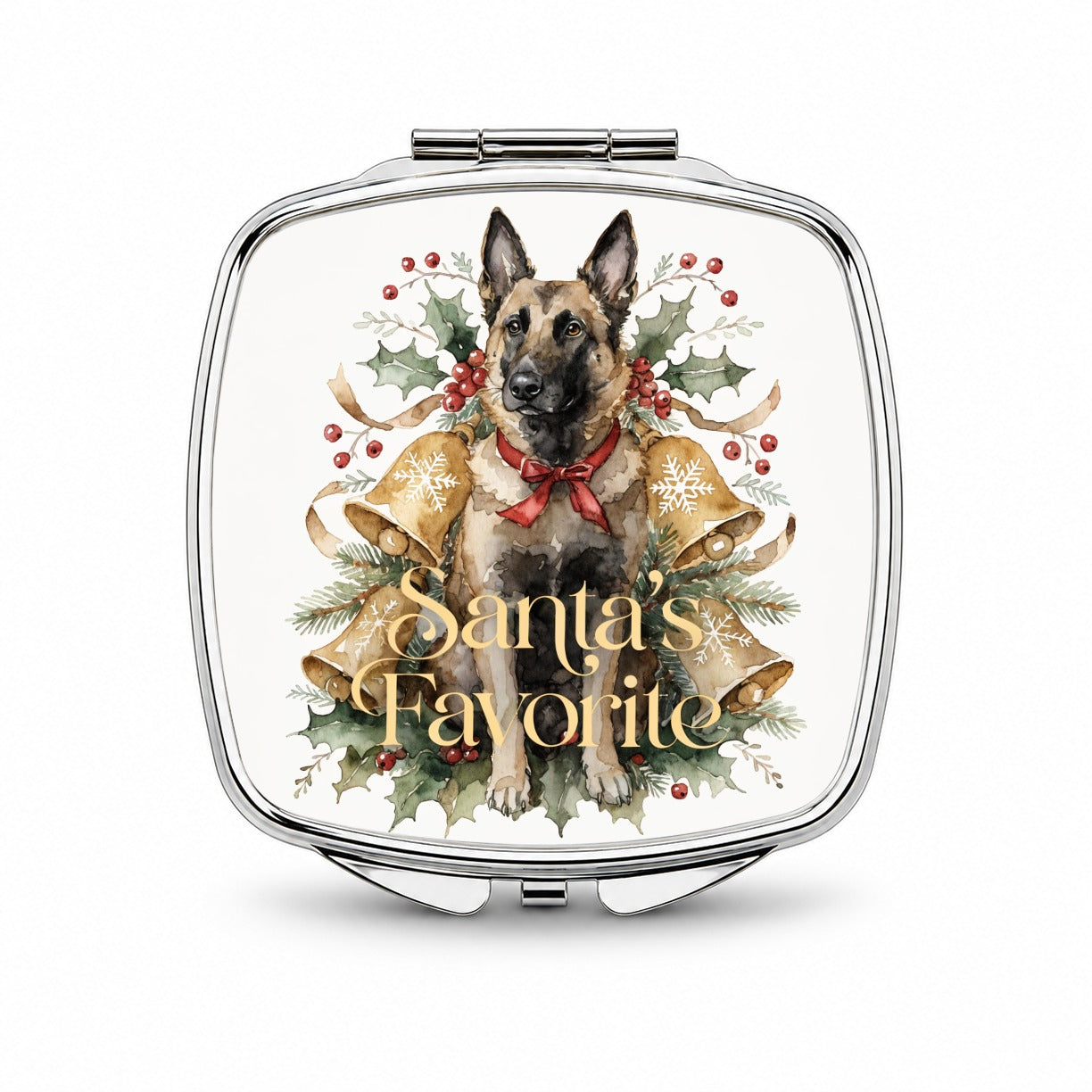 Belgian Malinois Dog Sitting Christmas Santa's Favorite Small Travel Purse Handbag Pocket Makeup Compact Mirror