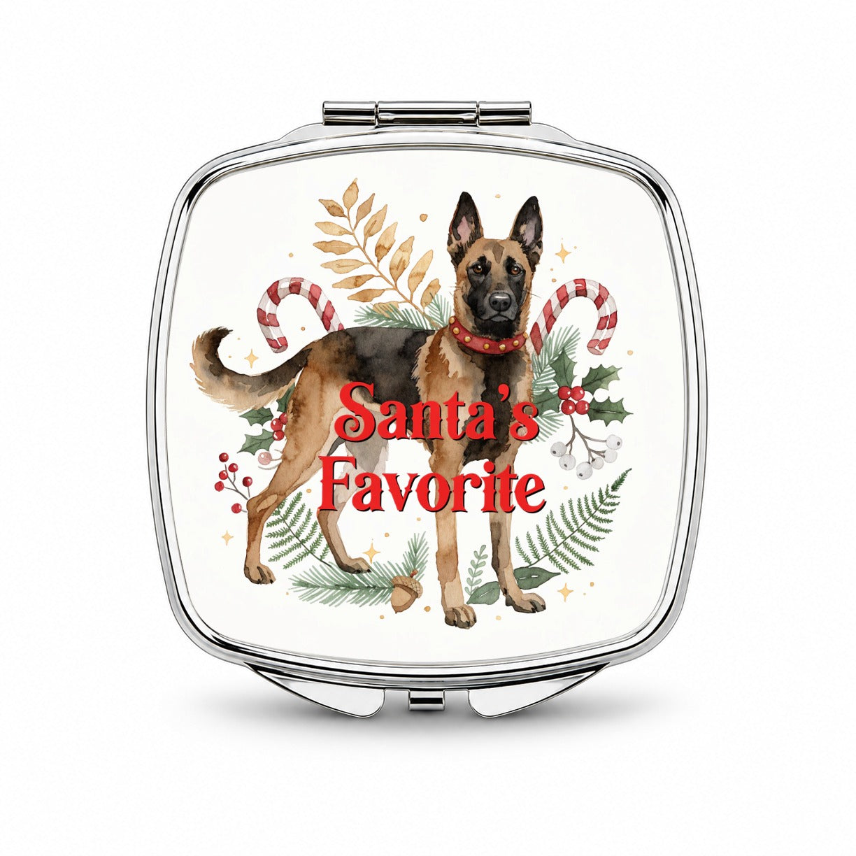Belgian Malinois Dog Standing Christmas Santa's Favorite Small Travel Purse Handbag Pocket Makeup Compact Mirror