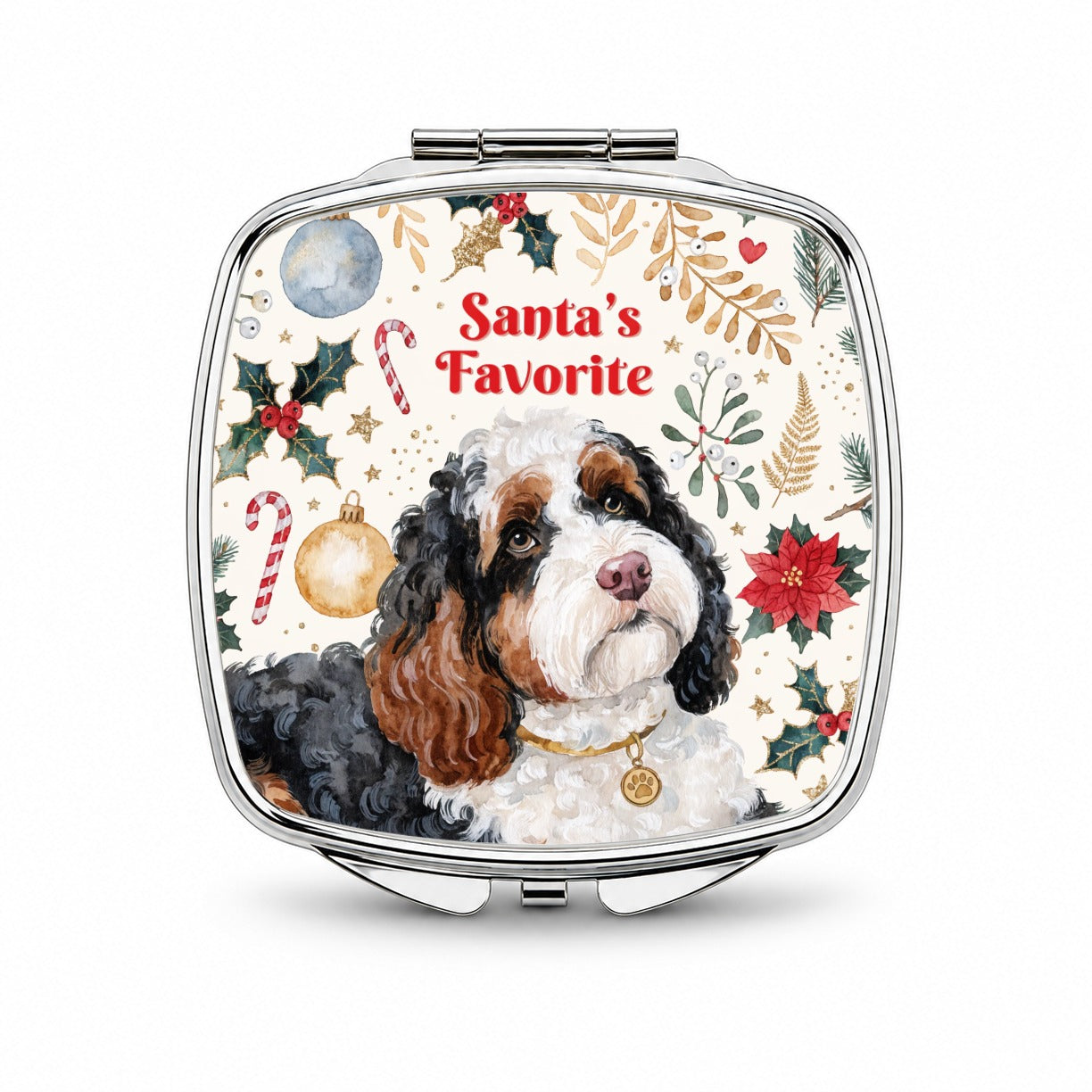 Bernedoodle Dog Christmas Santa's Favorite Small Travel Purse Handbag Pocket Makeup Compact Mirror