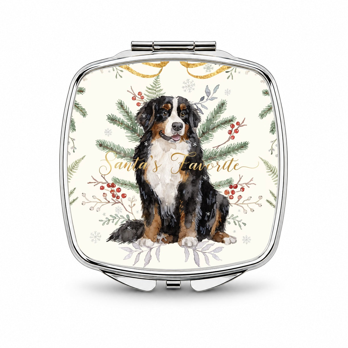 Bernese Mountain Dog Sitting Christmas Santa's Favorite Small Travel Purse Handbag Pocket Makeup Compact Mirror