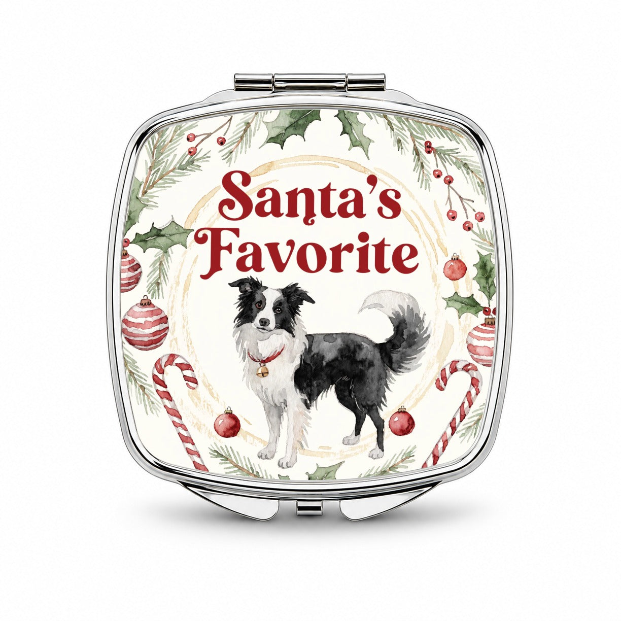 Border Collie Dog Christmas Santa's Favorite Small Travel Purse Handbag Pocket Makeup Compact Mirror