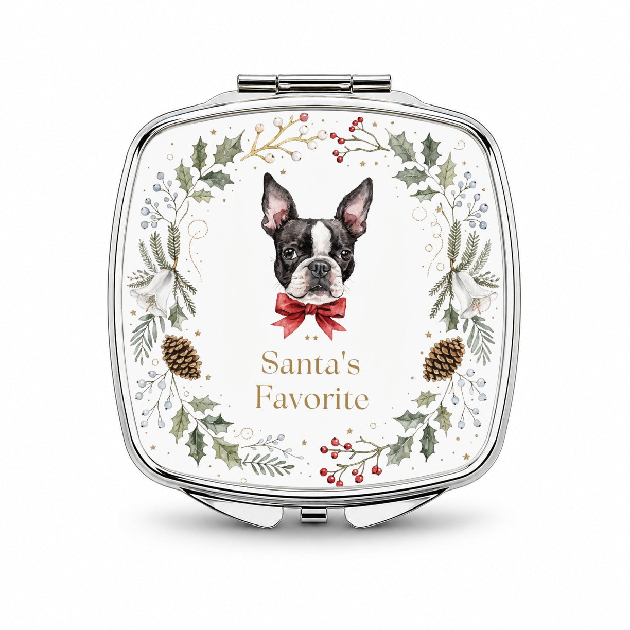 Boston Terrier Dog Christmas Santa's Favorite Small Travel Purse Handbag Pocket Makeup Compact Mirror