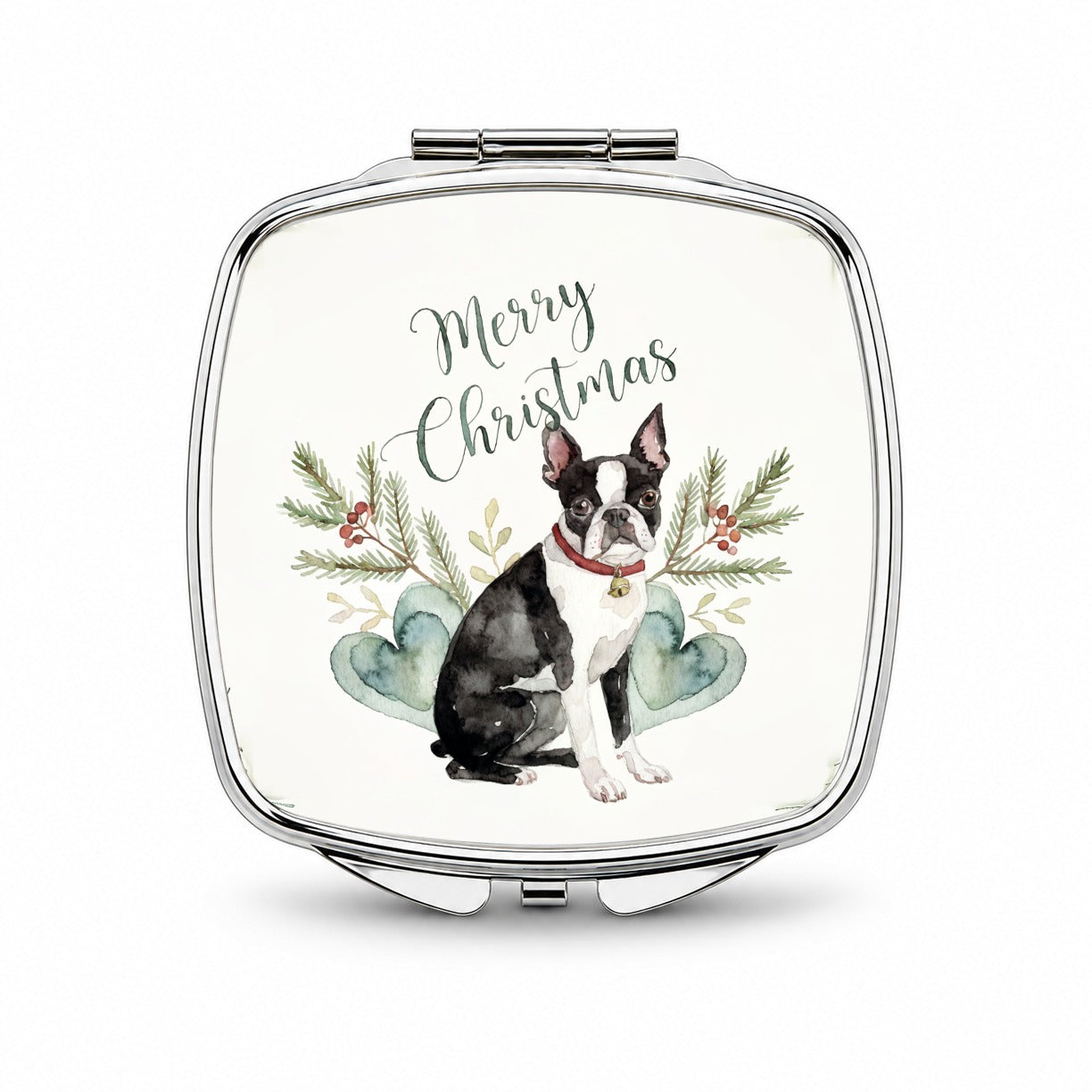 Boston Terrier Dog Merry Christmas Small Travel Purse Handbag Pocket Makeup Compact Mirror