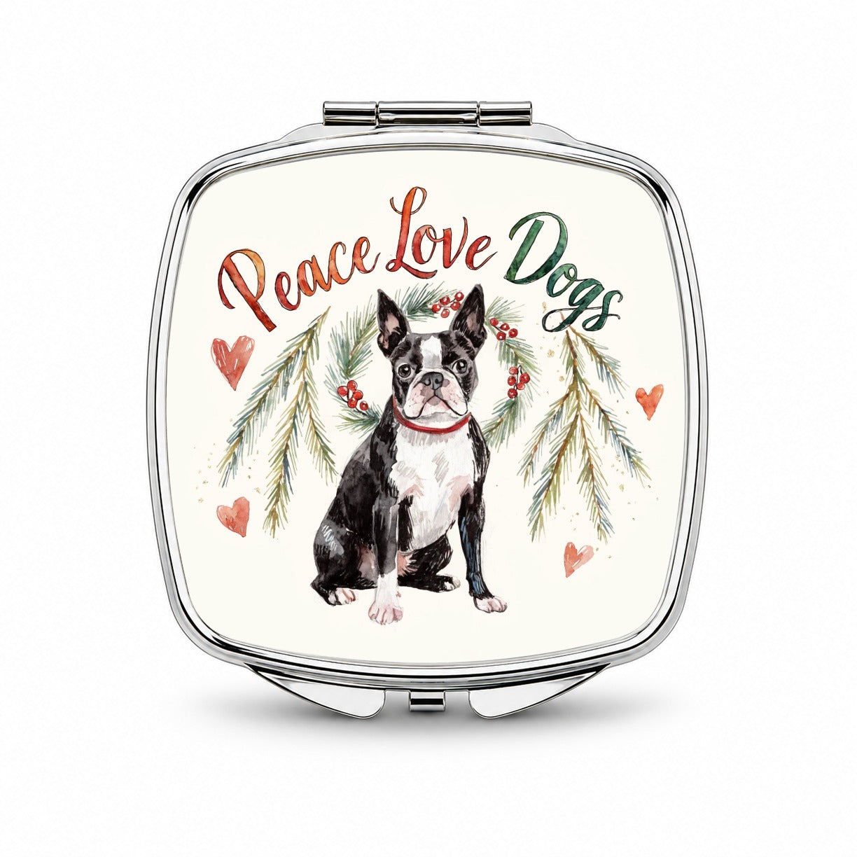 Boston Terrier Peace Love Dogs Christmas Small Travel Purse Handbag Pocket Makeup Compact Mirror