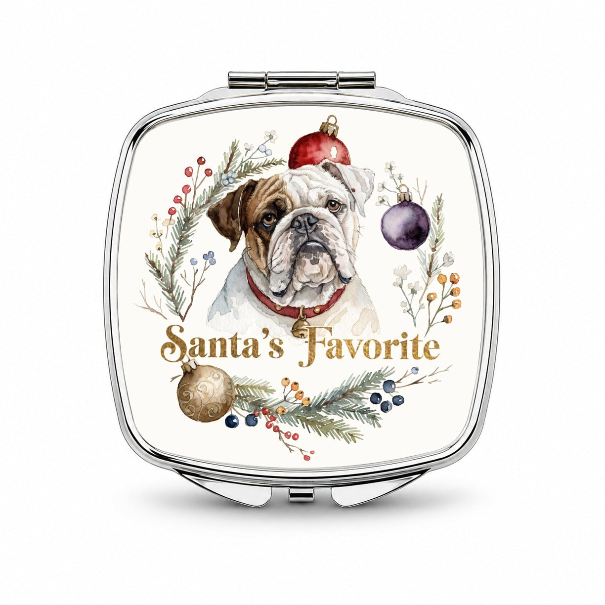 Bulldog Dog Christmas Santa's Favorite Small Travel Purse Handbag Pocket Makeup Compact Mirror
