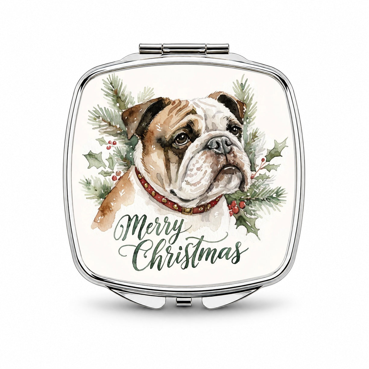 Bulldog Merry Christmas Watercolor Small Travel Purse Handbag Pocket Makeup Compact Mirror