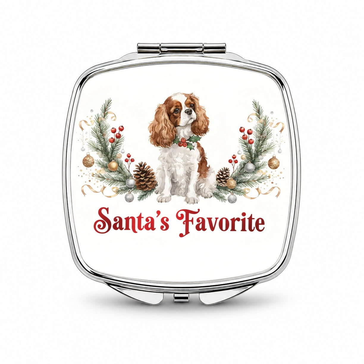 Cavalier King Charles Spaniel Dog Christmas Santa's Favorite Small Travel Purse Handbag Pocket Makeup Compact Mirror