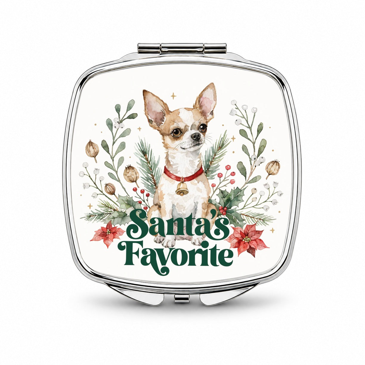 Chihuahua Dog Christmas Santa's Favorite Small Travel Purse Handbag Pocket Makeup Compact Mirror