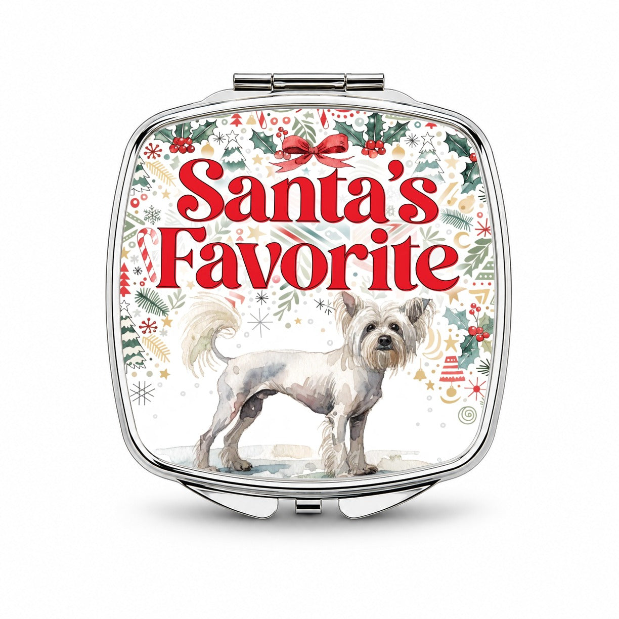Chinese Crested Dog Christmas Santa's Favorite Small Travel Purse Handbag Pocket Makeup Compact Mirror