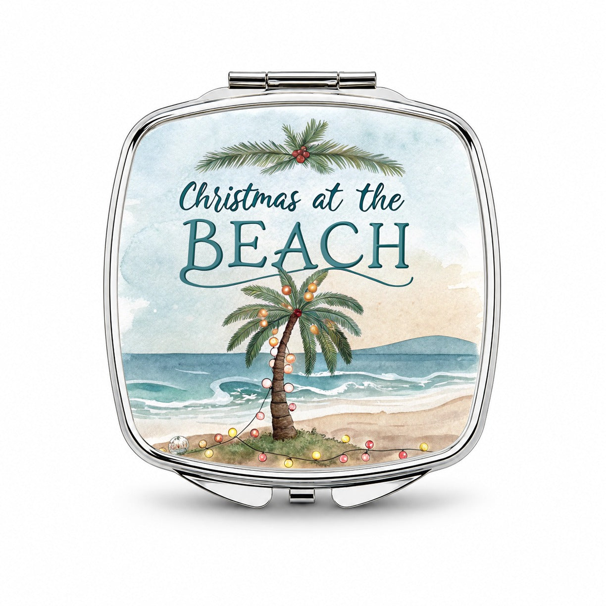 Christmas At The Beach Ocean Palm Tree Small Travel Purse Handbag Pocket Makeup Compact Mirror