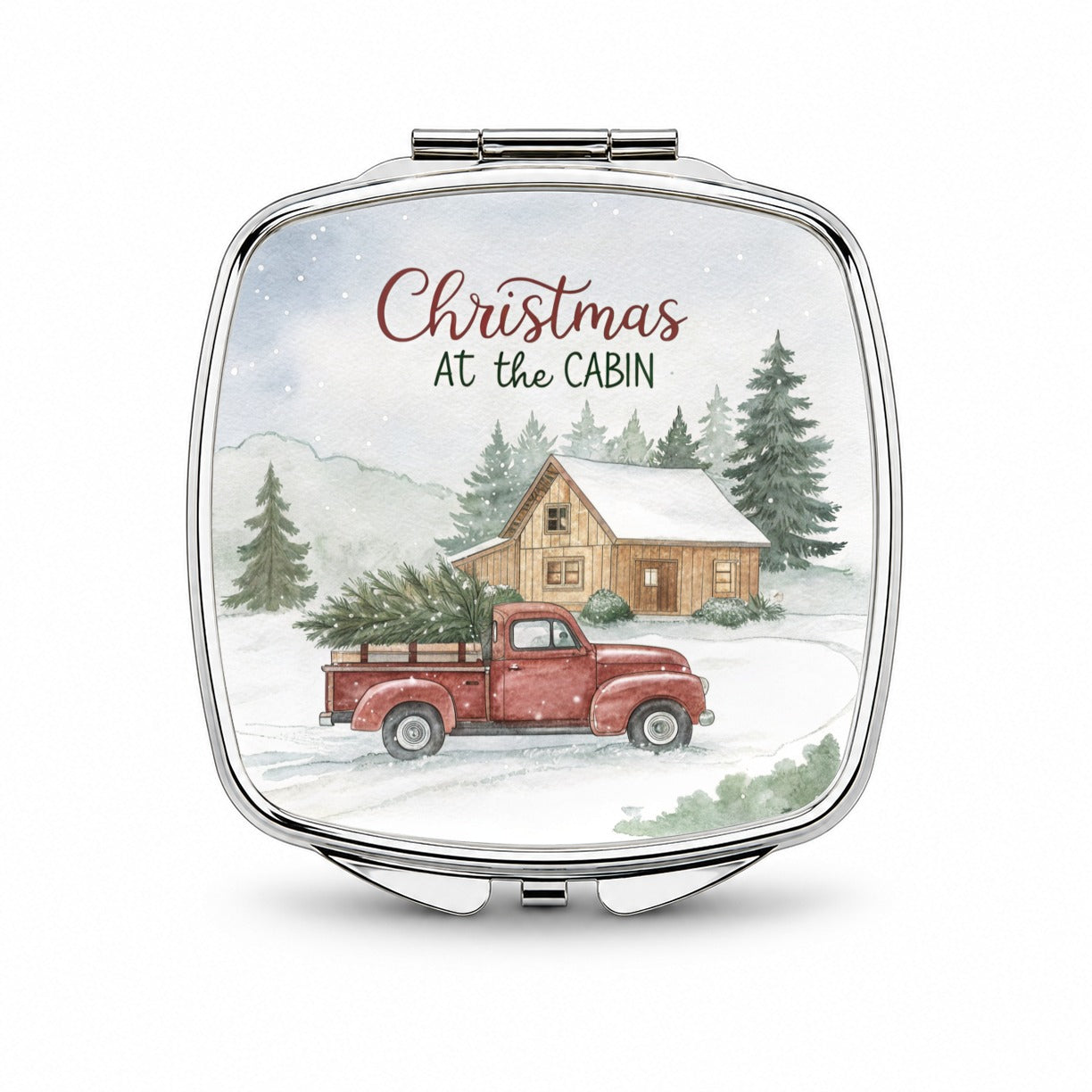 Christmas At The Cabin Red Truck Small Travel Purse Handbag Pocket Makeup Compact Mirror