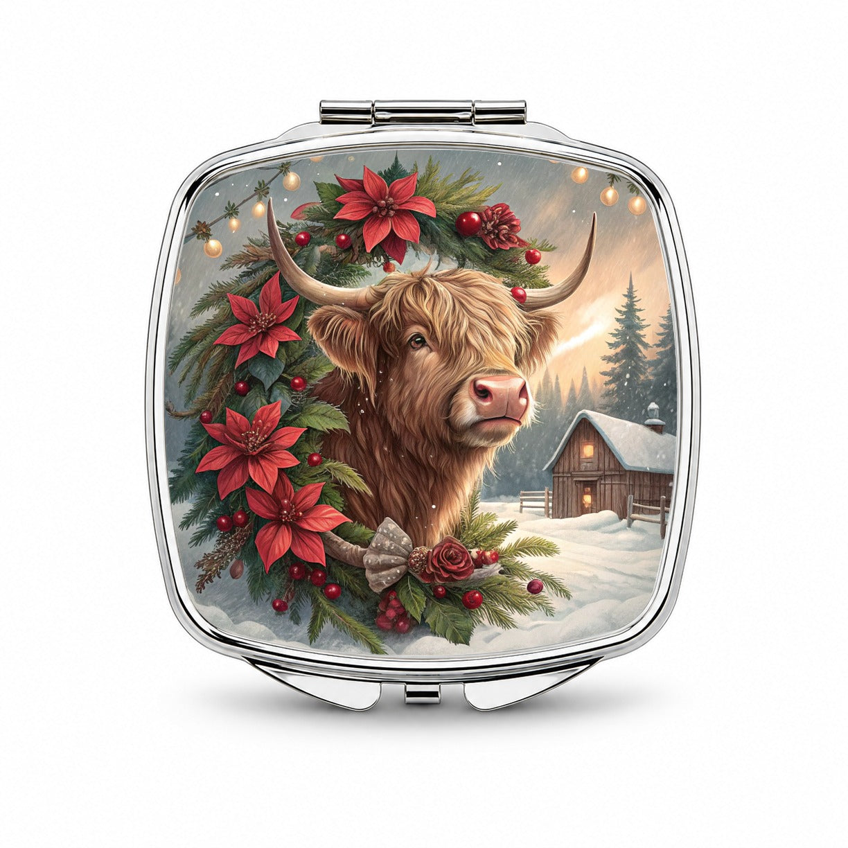 Christmas Highland Cow Barn Small Travel Purse Handbag Pocket Makeup Compact Mirror