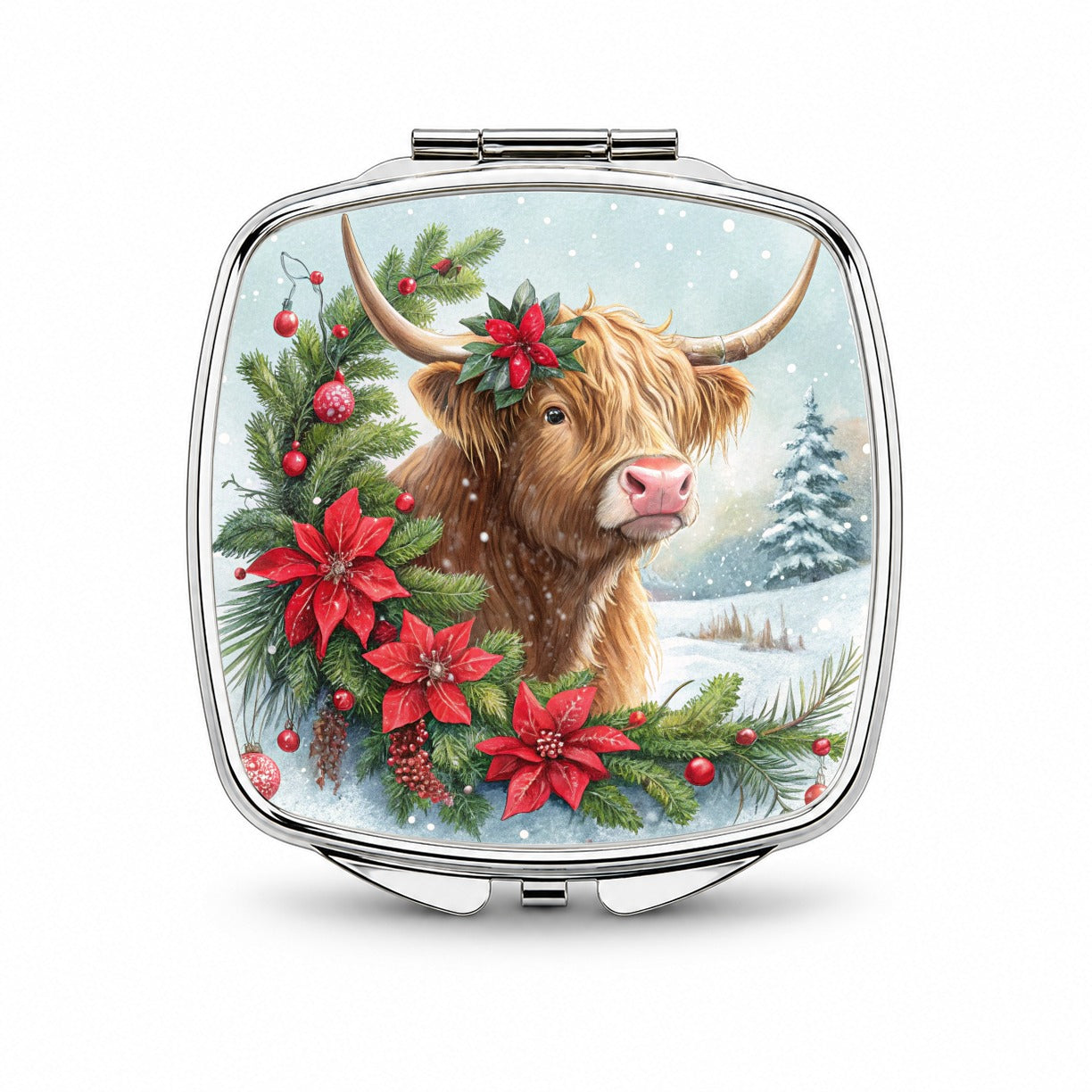 Christmas Highland Cow Small Travel Purse Handbag Pocket Makeup Compact Mirror