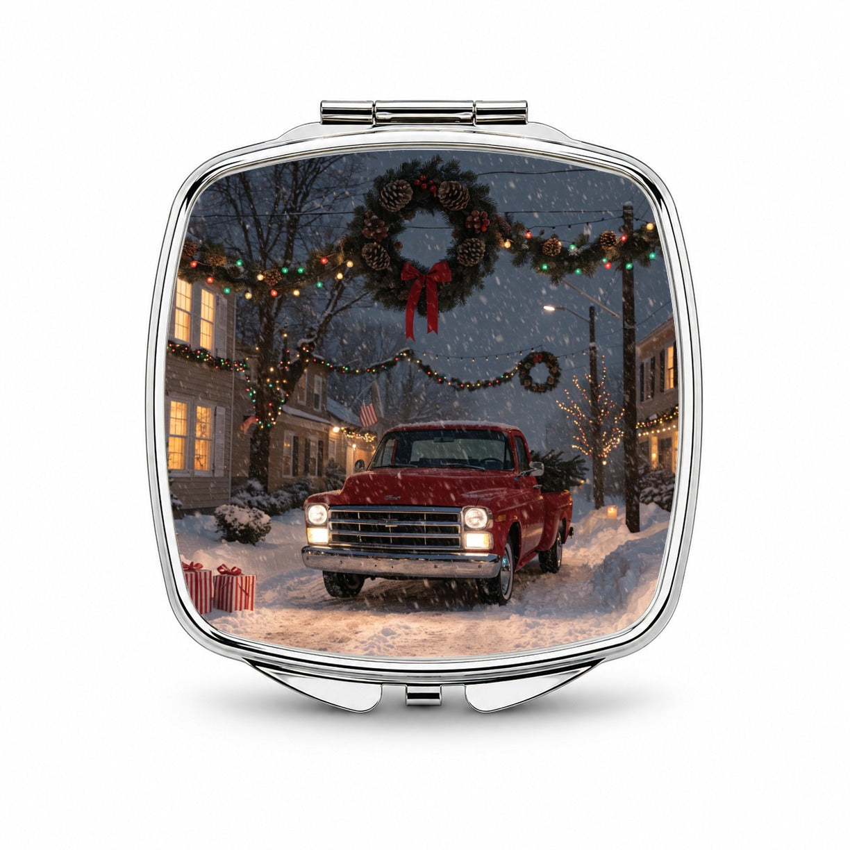 Christmas Red Truck Snow Small Travel Purse Handbag Pocket Makeup Compact Mirror