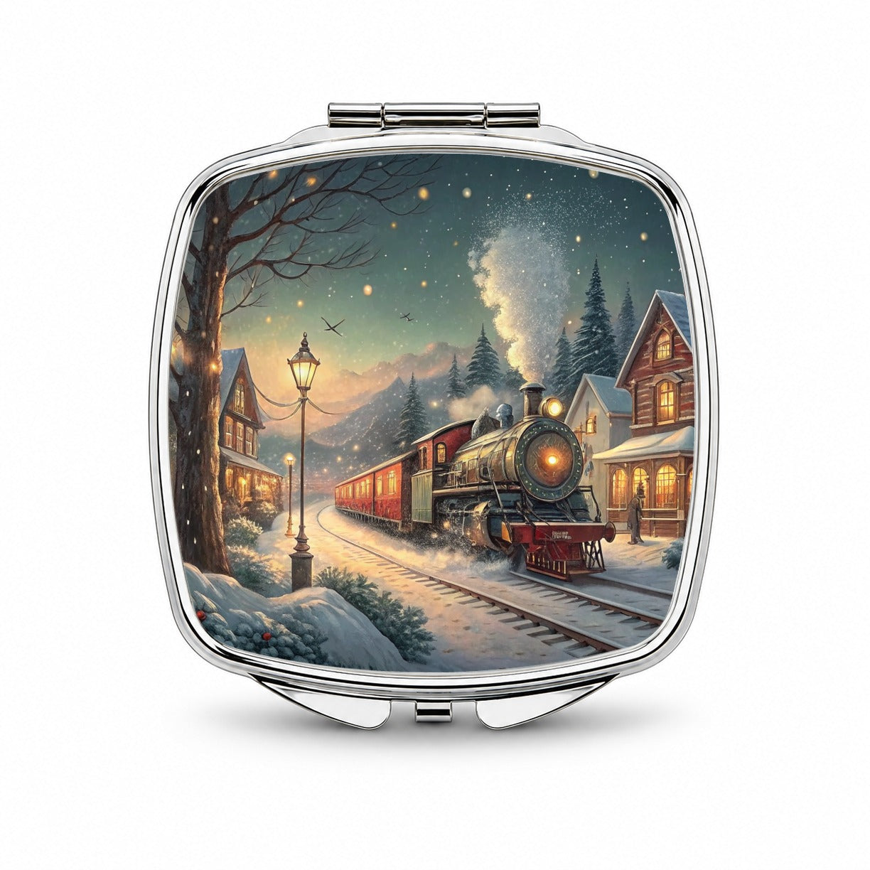 Christmas Train Snowy Village Small Travel Purse Handbag Pocket Makeup Compact Mirror