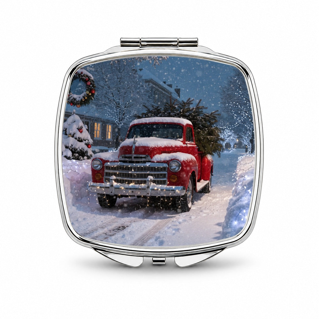 Christmas Tree In Red Truck Small Travel Purse Handbag Pocket Makeup Compact Mirror