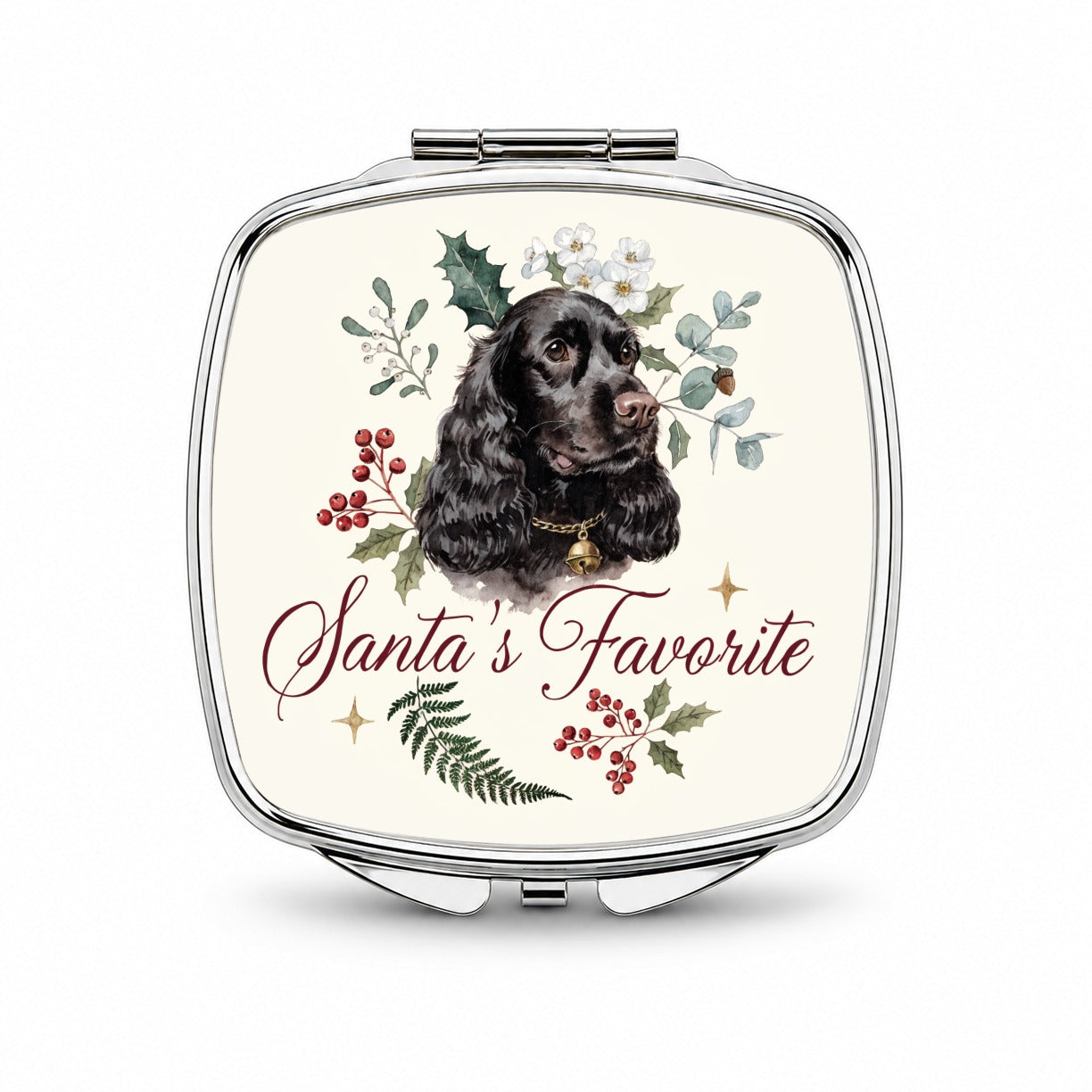 Cocker Spaniel Black Dog Christmas Santa's Favorite Small Travel Purse Handbag Pocket Makeup Compact Mirror