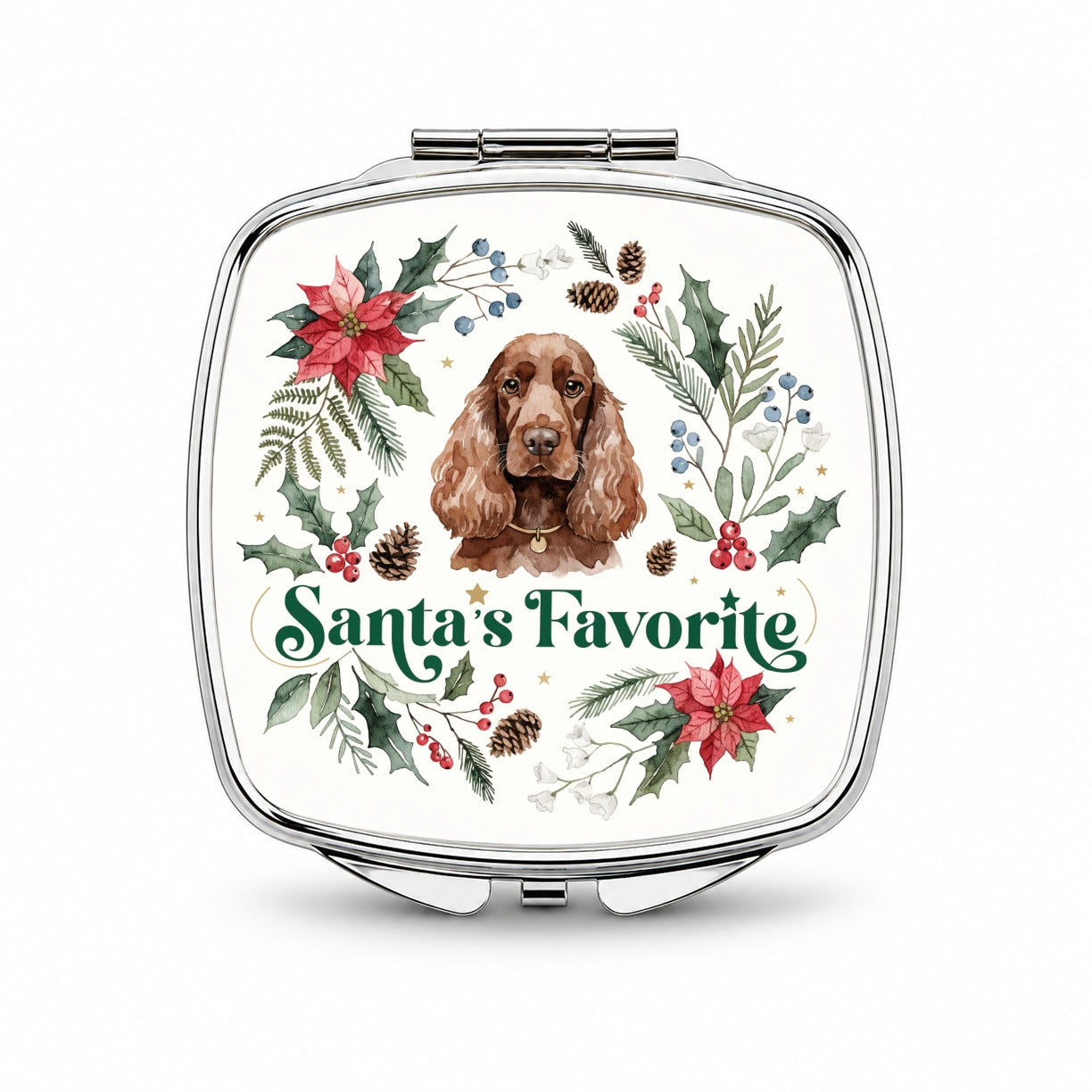 Cocker Spaniel Dog Christmas Santa's Favorite Small Travel Purse Handbag Pocket Makeup Compact Mirror