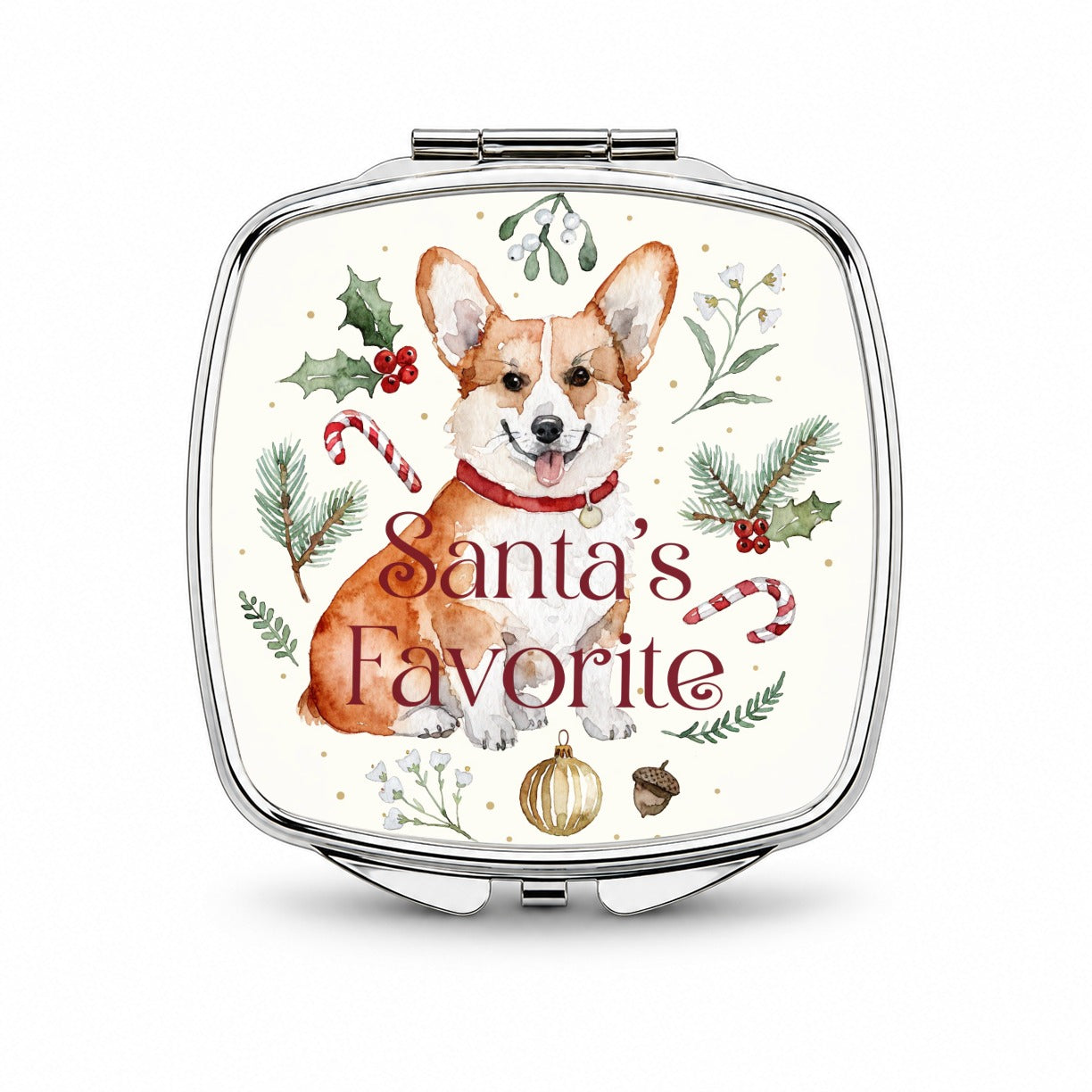 Corgi Sitting Dog Christmas Santa's Favorite Small Travel Purse Handbag Pocket Makeup Compact Mirror