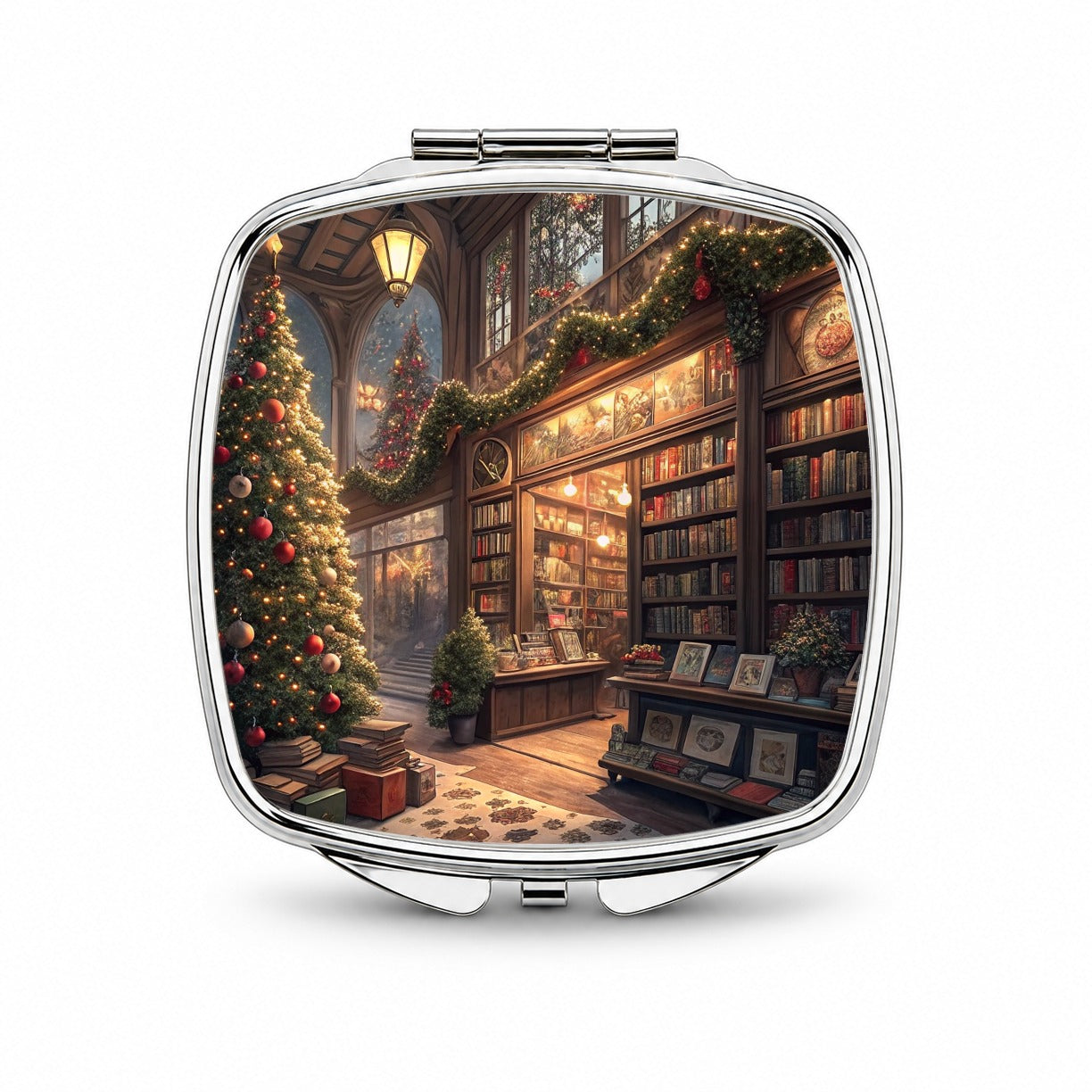 Cozy Christmas Bookstore Library Small Travel Purse Handbag Pocket Makeup Compact Mirror