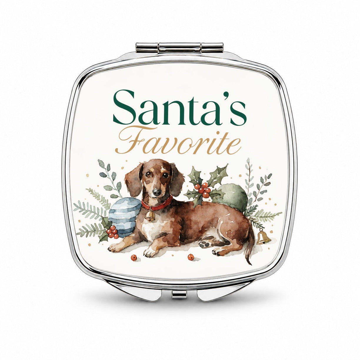 Dachshund Dog Christmas Santa's Favorite Small Travel Purse Handbag Pocket Makeup Compact Mirror