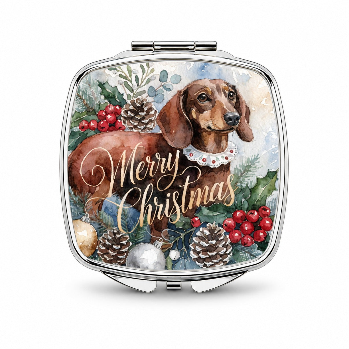 Dachshund Dog Merry Christmas Small Travel Purse Handbag Pocket Makeup Compact Mirror