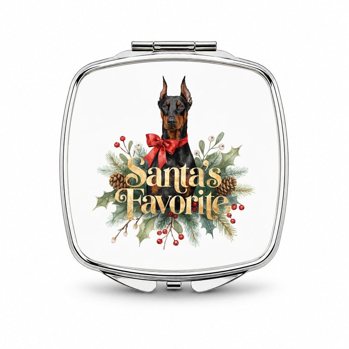 Doberman Dog Christmas Santa's Favorite Small Travel Purse Handbag Pocket Makeup Compact Mirror