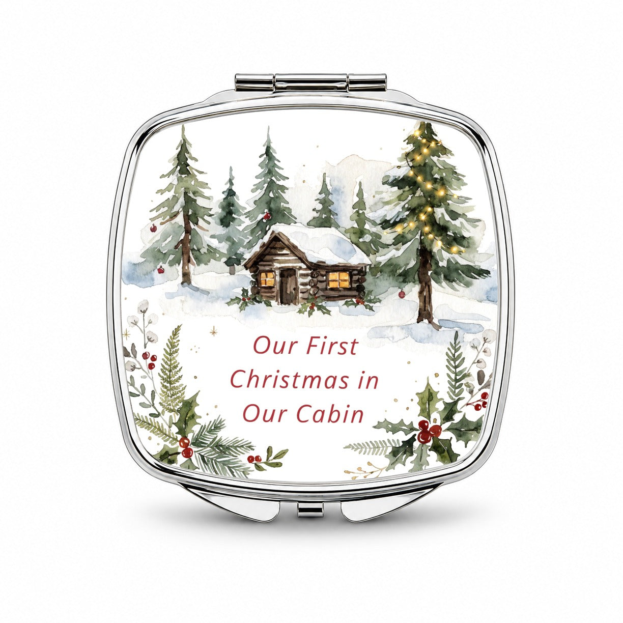 First Christmas In Our Cabin Cute Small Travel Purse Handbag Pocket Makeup Compact Mirror