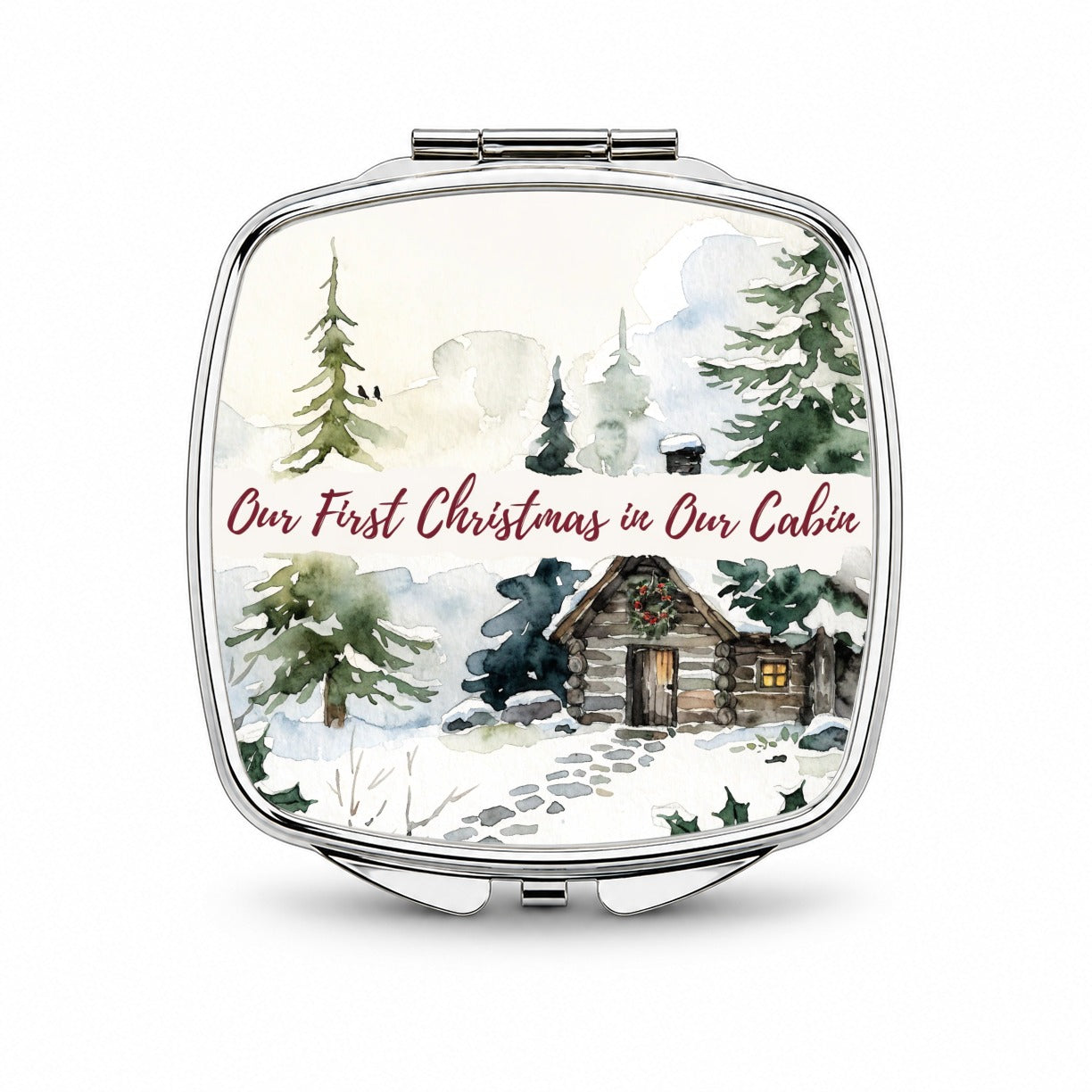 First Christmas In Our Cabin Script Small Travel Purse Handbag Pocket Makeup Compact Mirror