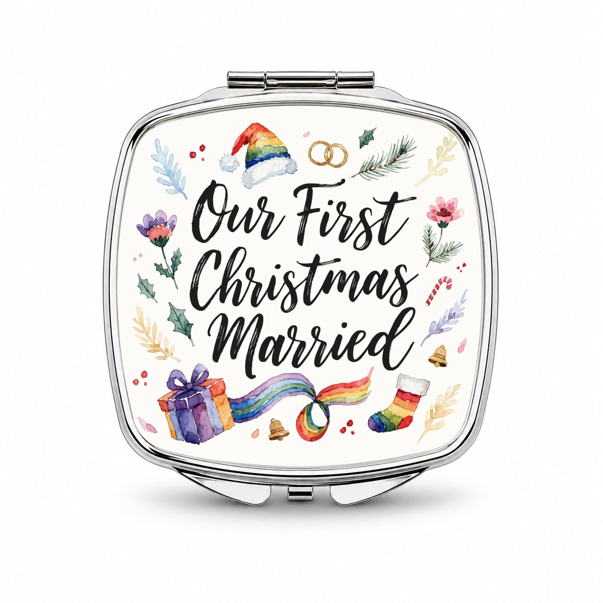 First Christmas Married Wedding Pride LGBTQ Small Travel Purse Handbag Pocket Makeup Compact Mirror