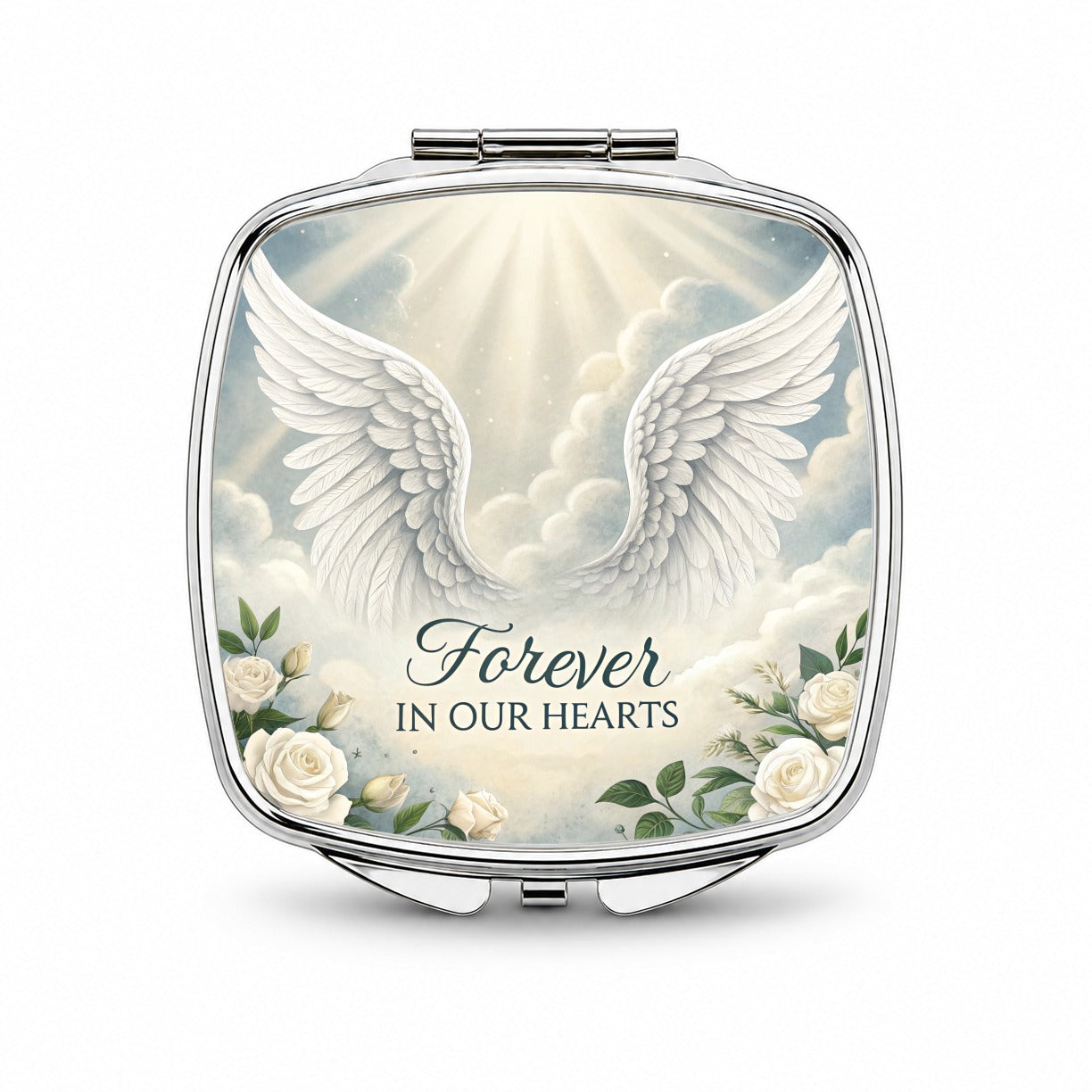 Forever In Our Hearts Angel Wings Heaven Small Travel Purse Handbag Pocket Makeup Compact Mirror