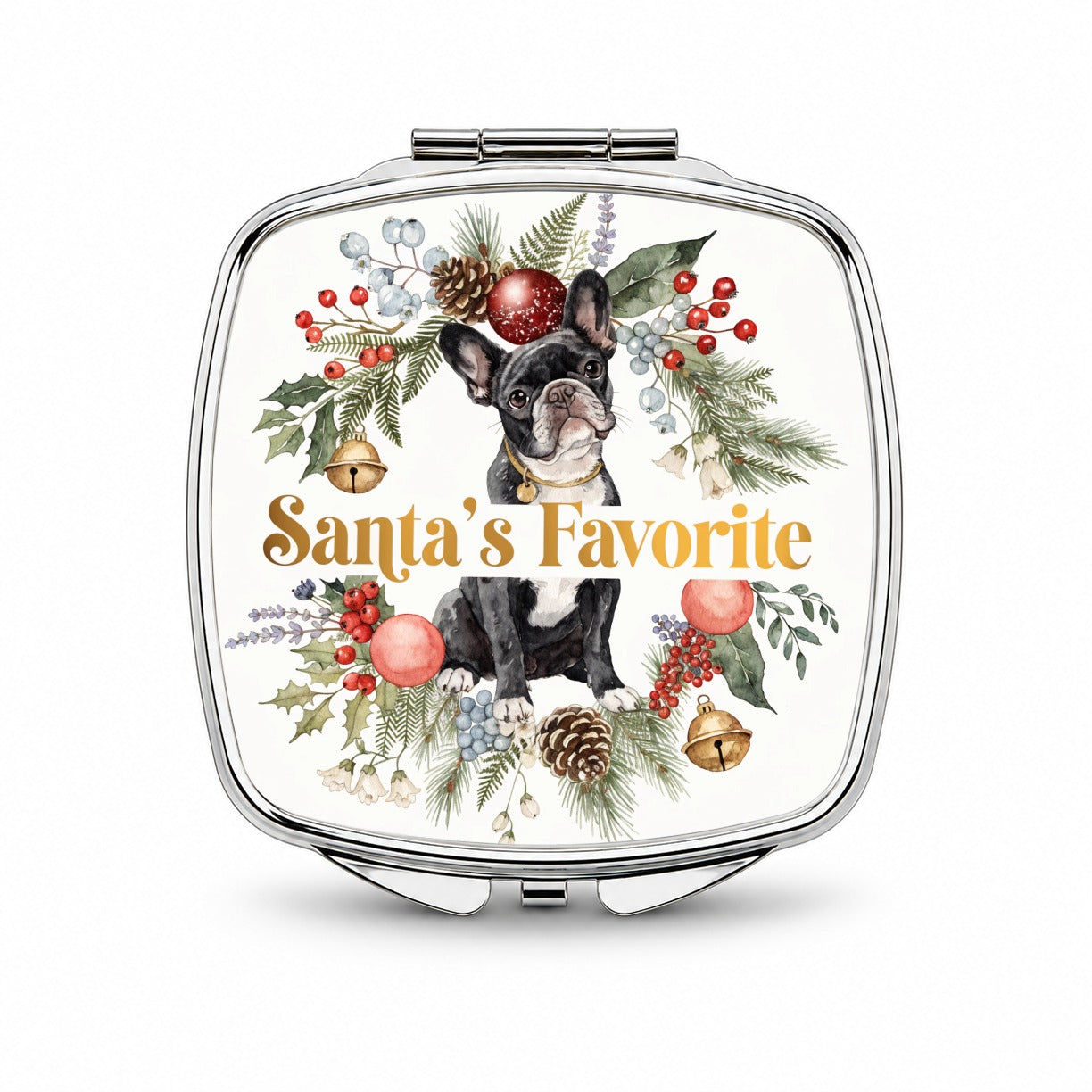 French Bulldog Dog Christmas Santa's Favorite Small Travel Purse Handbag Pocket Makeup Compact Mirror