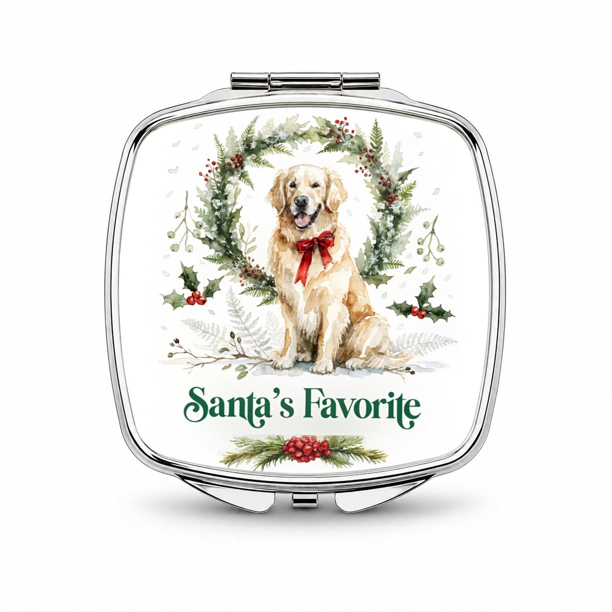 Golden Retriever Dog Christmas Santa's Favorite Small Travel Purse Handbag Pocket Makeup Compact Mirror