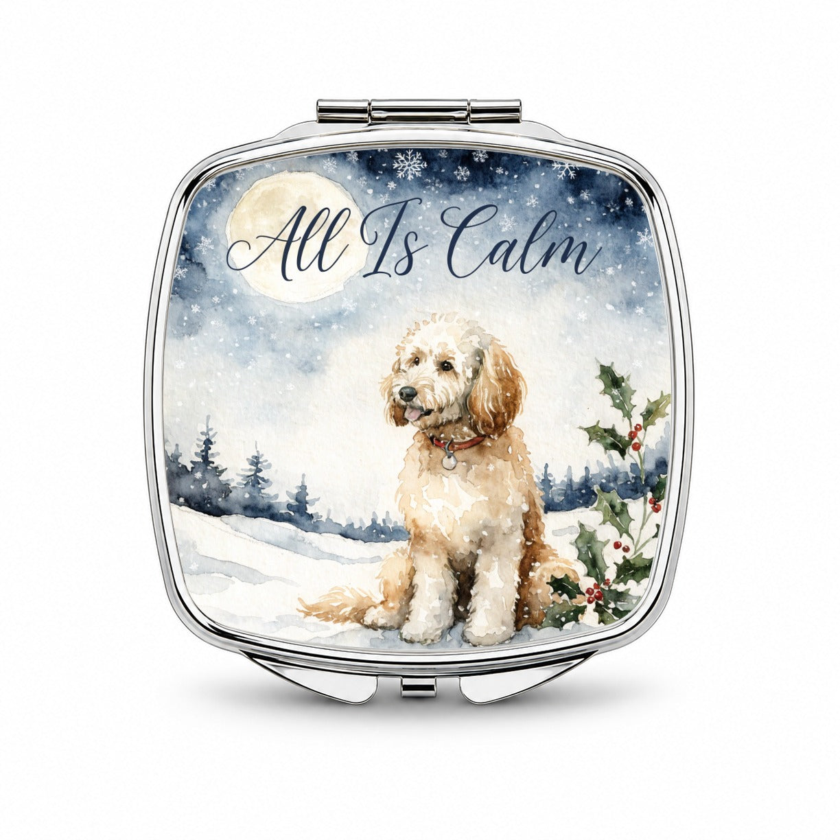Goldendoodle Dog All Is Calm Christmas Small Travel Purse Handbag Pocket Makeup Compact Mirror
