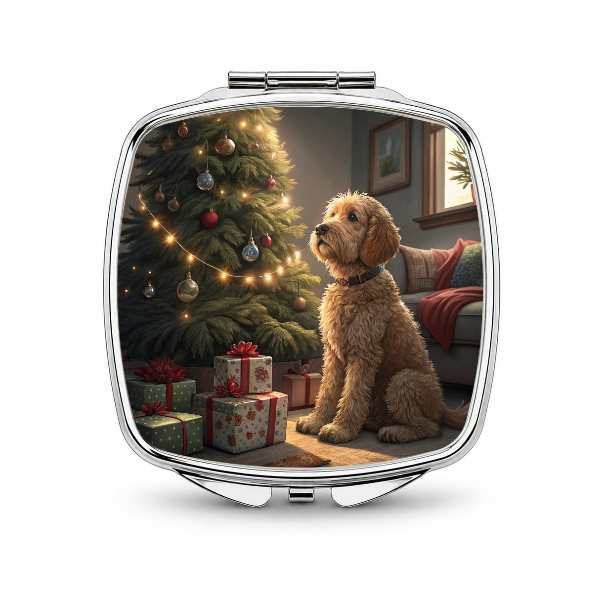 Goldendoodle Sitting Christmas Small Travel Purse Handbag Pocket Makeup Compact Mirror