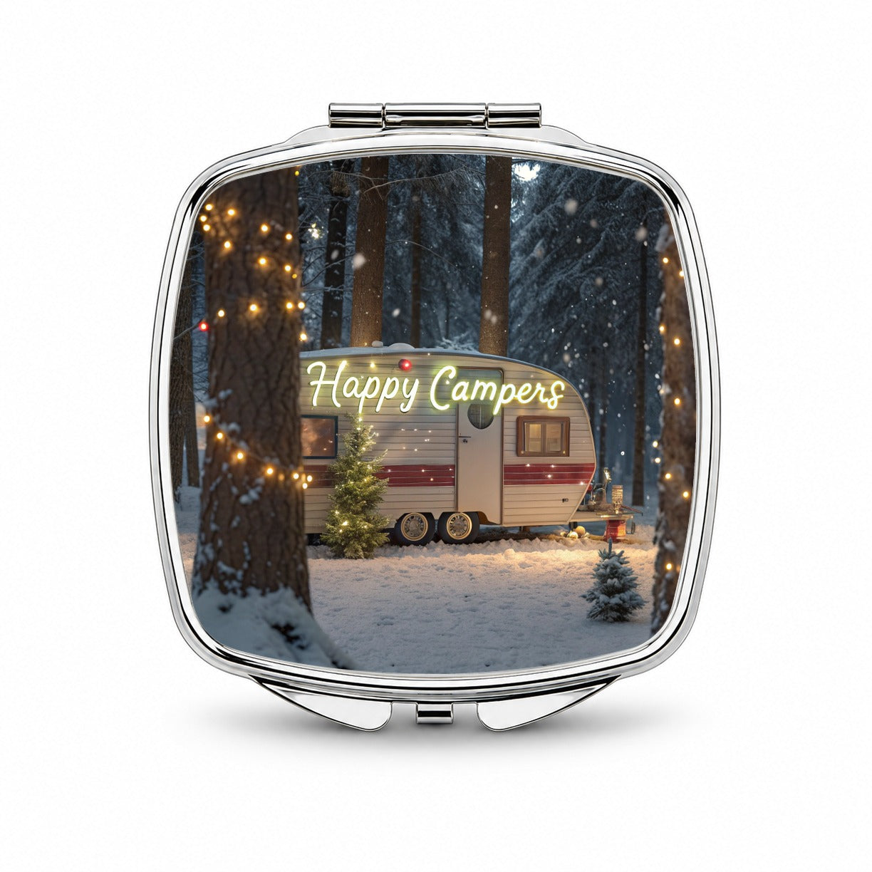 Happy Camper RV Vintage Christmas Small Travel Purse Handbag Pocket Makeup Compact Mirror