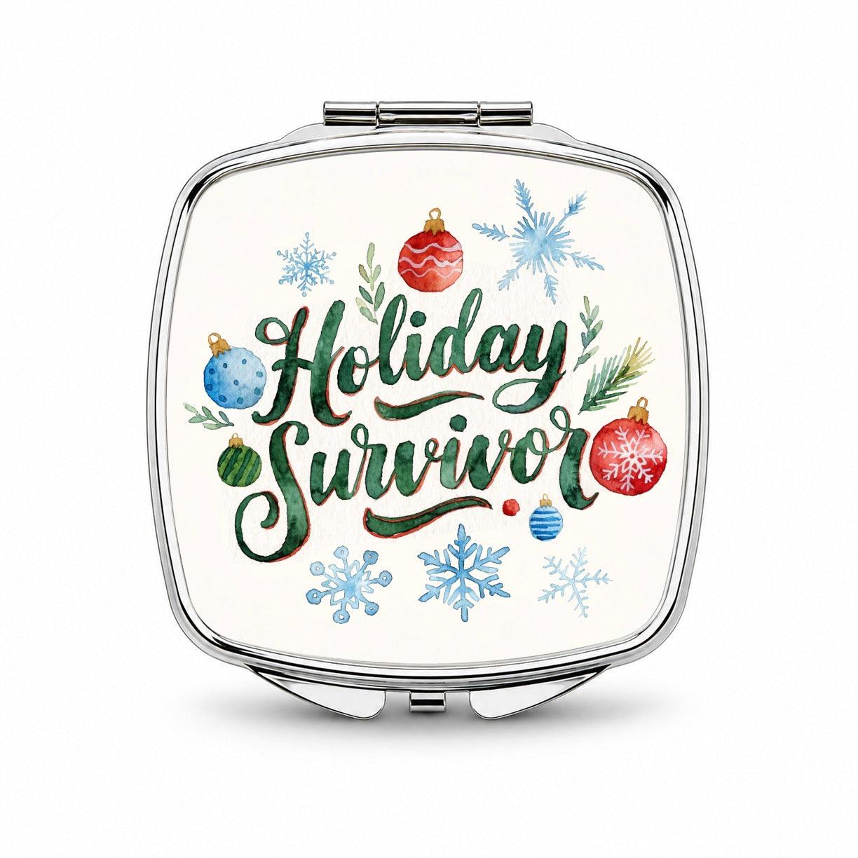 Holiday Survivor Christmas Green Script Small Travel Purse Handbag Pocket Makeup Compact Mirror