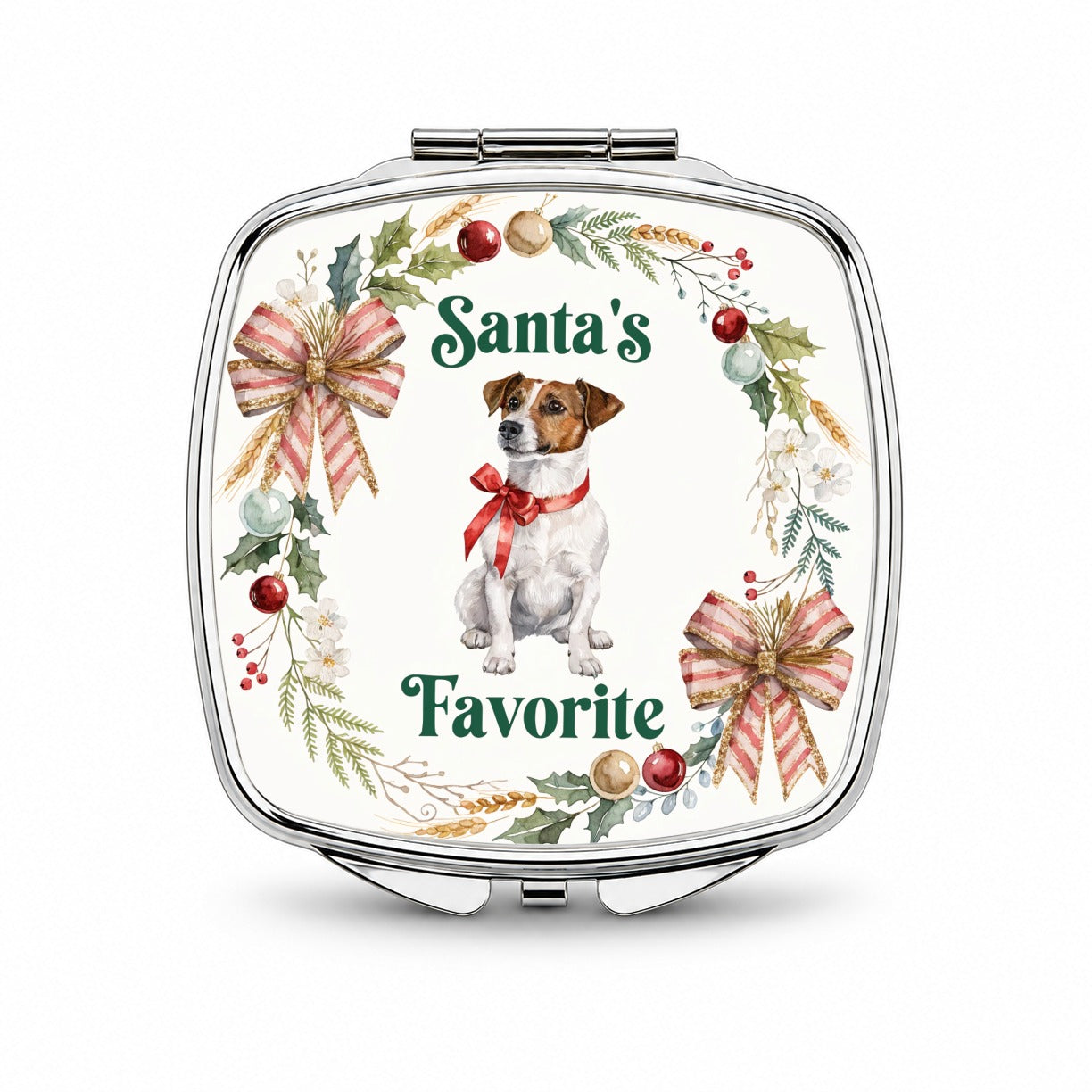 Jack Russell Terrier Dog Christmas Santa's Favorite Small Travel Purse Handbag Pocket Makeup Compact Mirror