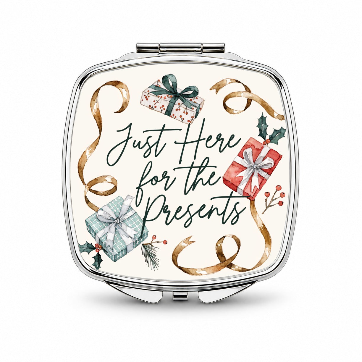 Just Here For Presents Christmas Xmas Funny Small Travel Purse Handbag Pocket Makeup Compact Mirror