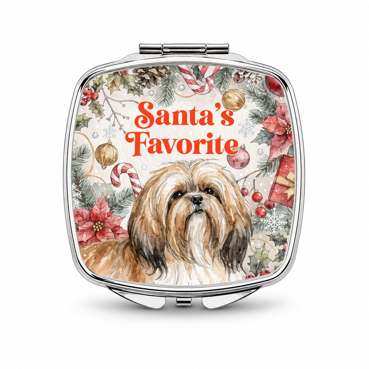 Lhasa Apso Dog Christmas Santa's Favorite Small Travel Purse Handbag Pocket Makeup Compact Mirror