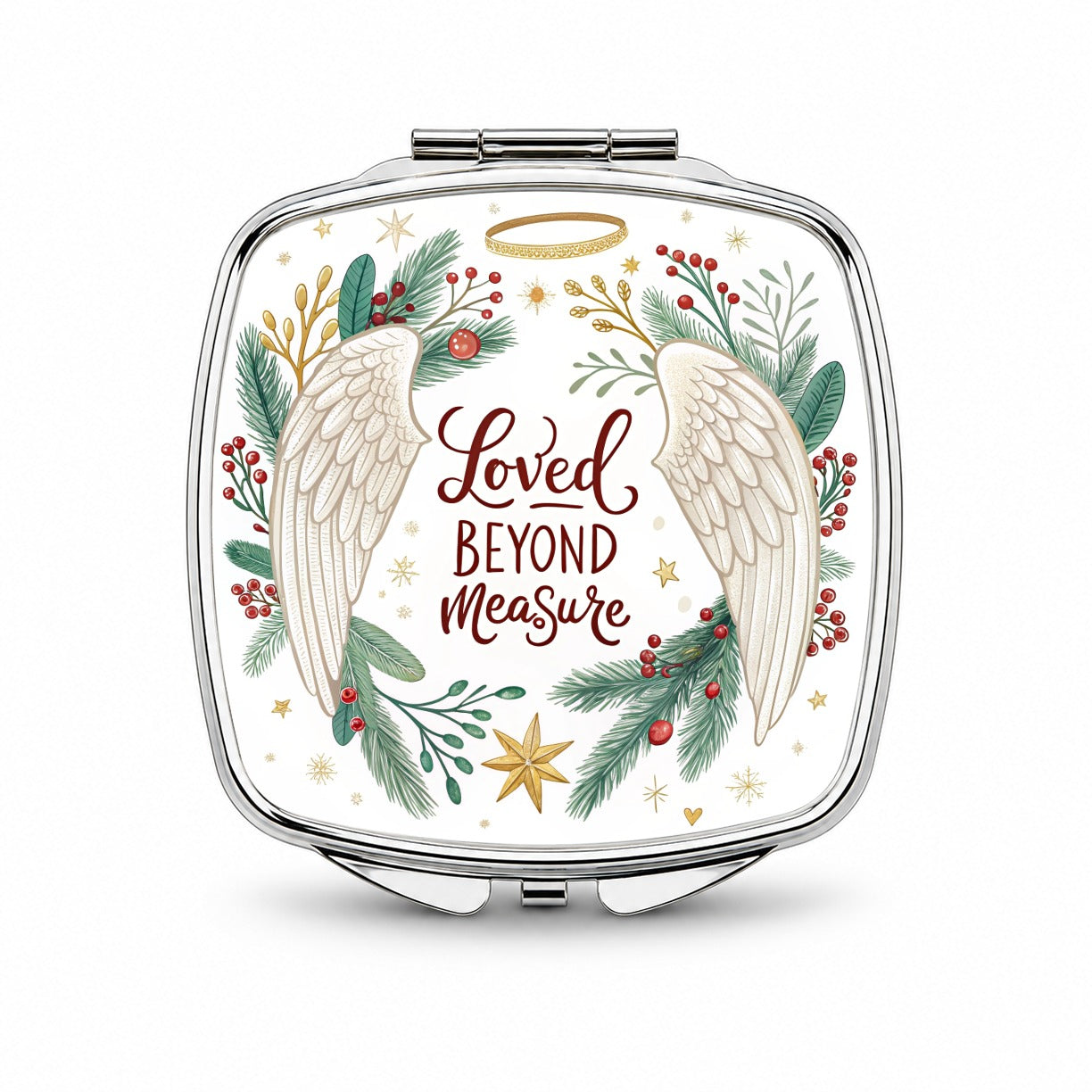 Loved Beyond Measure Christmas Angel Wings Halo Small Travel Purse Handbag Pocket Makeup Compact Mirror