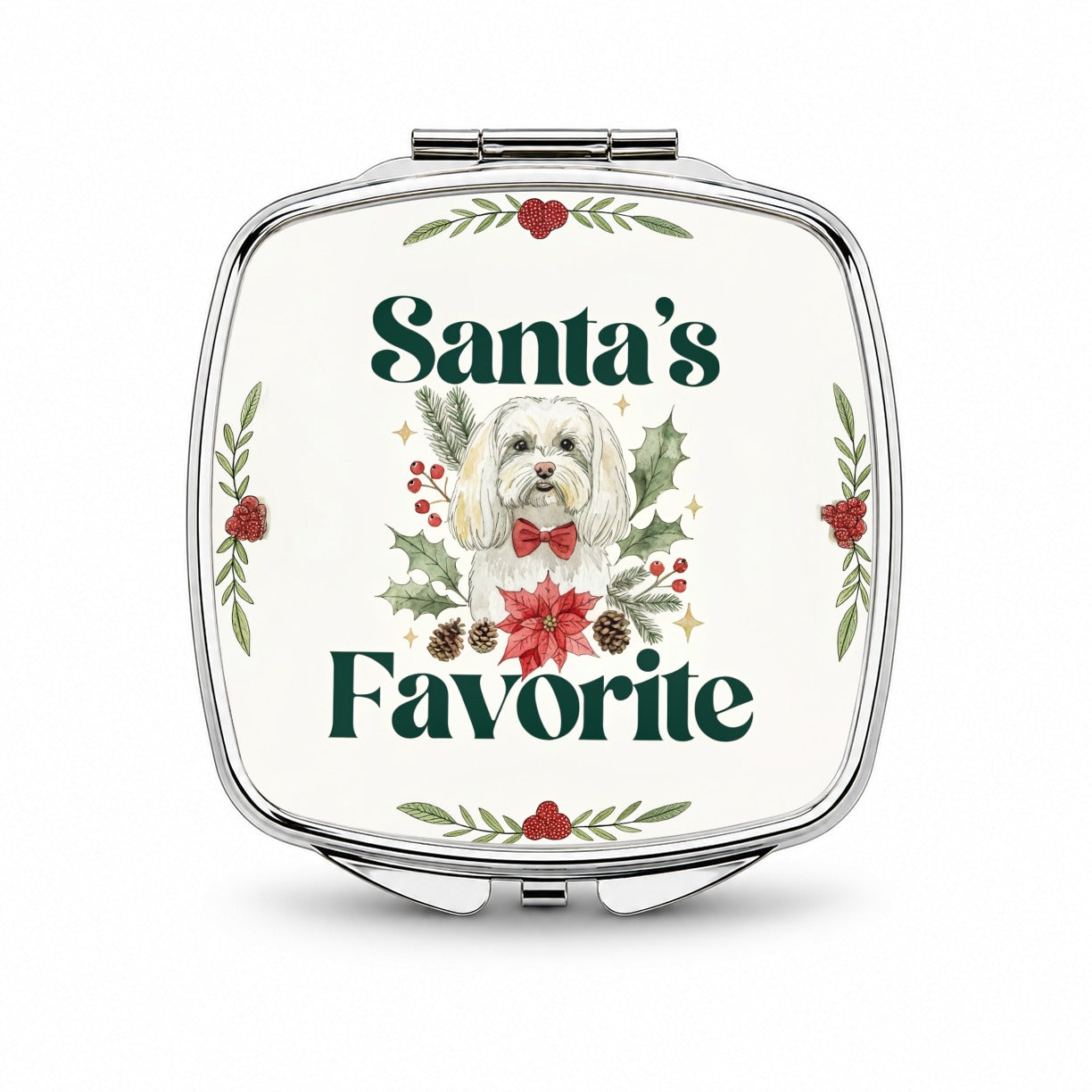 Maltese Dog Christmas Santa's Favorite Small Travel Purse Handbag Pocket Makeup Compact Mirror