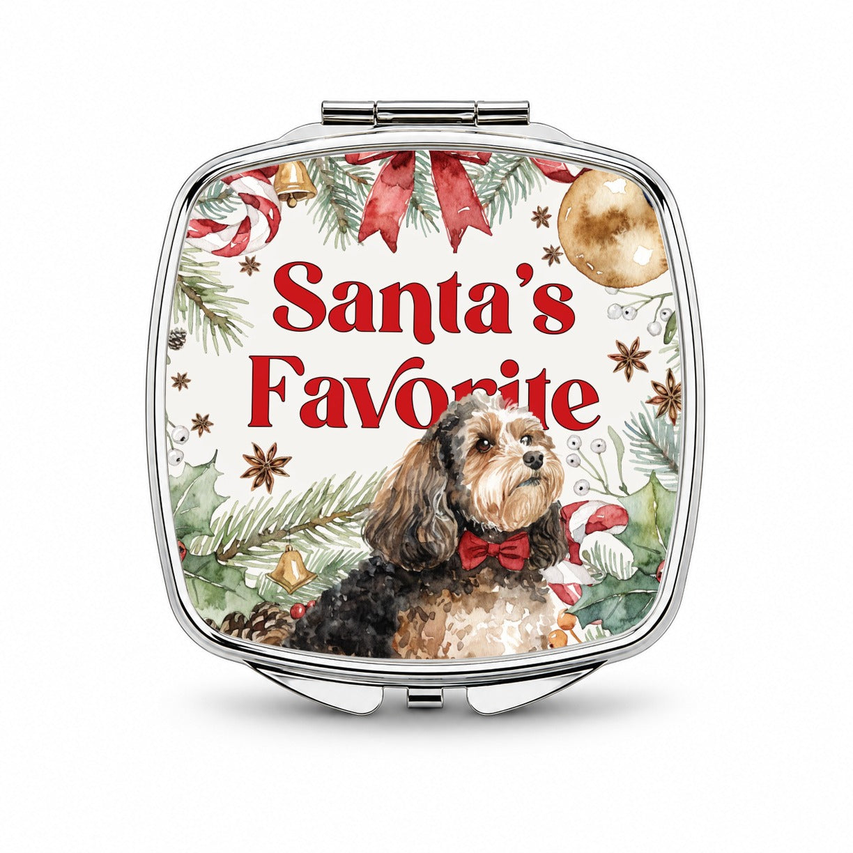 Maltipoo Dog Cute Christmas Santa's Favorite Small Travel Purse Handbag Pocket Makeup Compact Mirror